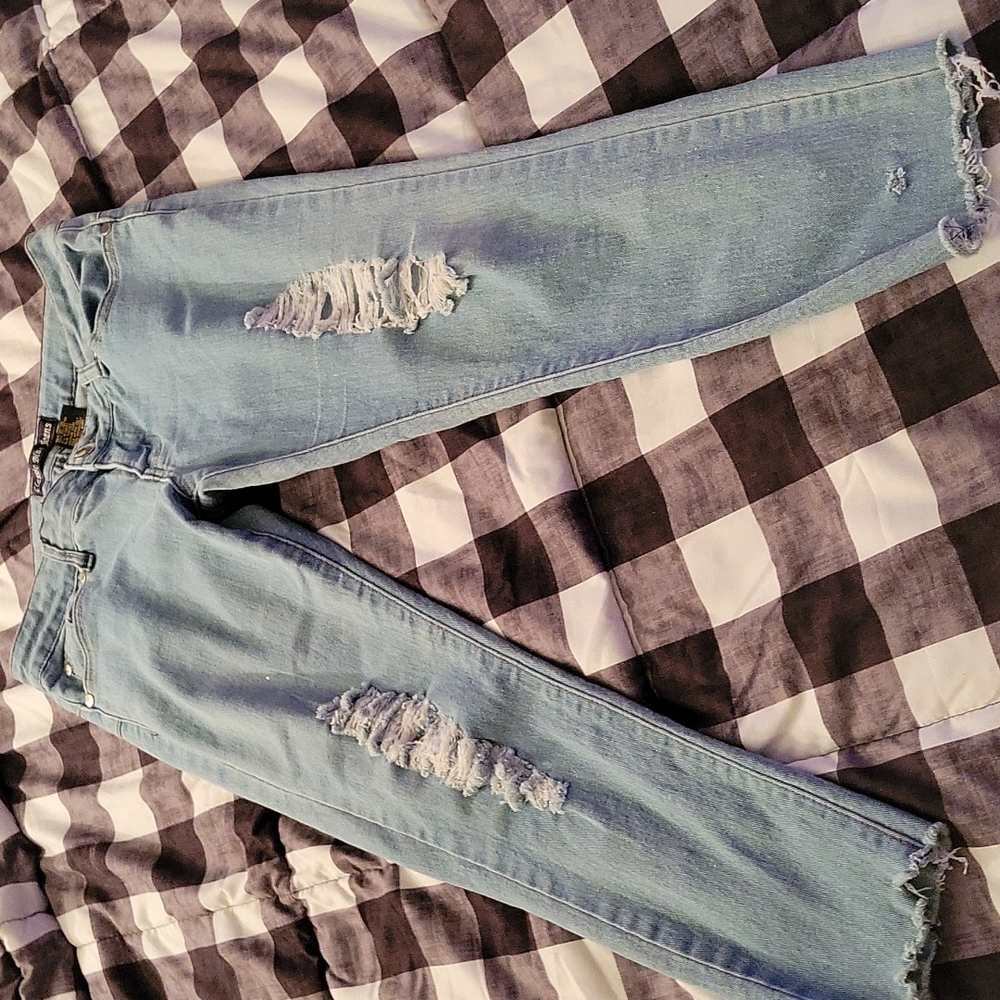 Classic Blue Jeans deconstructed/distressed denim ankle jeans